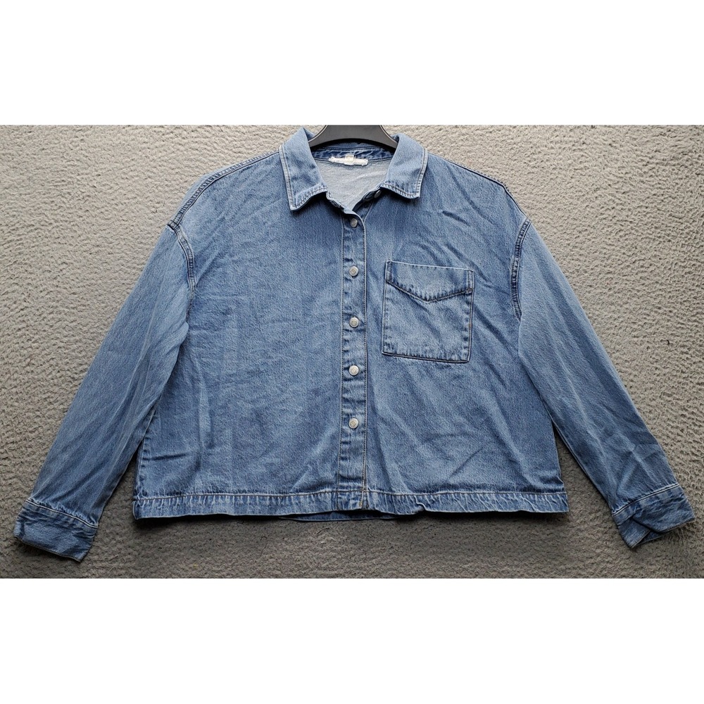 Jane + Delancey Crop Jacket Womens L Blue Denim Long Sleeve Collared Button Up
